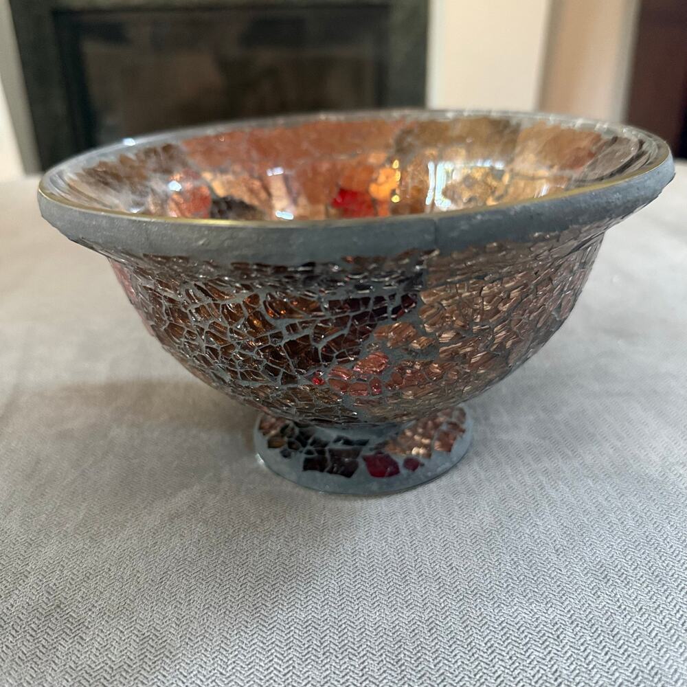 Mosaic Glass Pedestal Bowl Copper Amber Bronze Crackle Decorative Centerpiece
